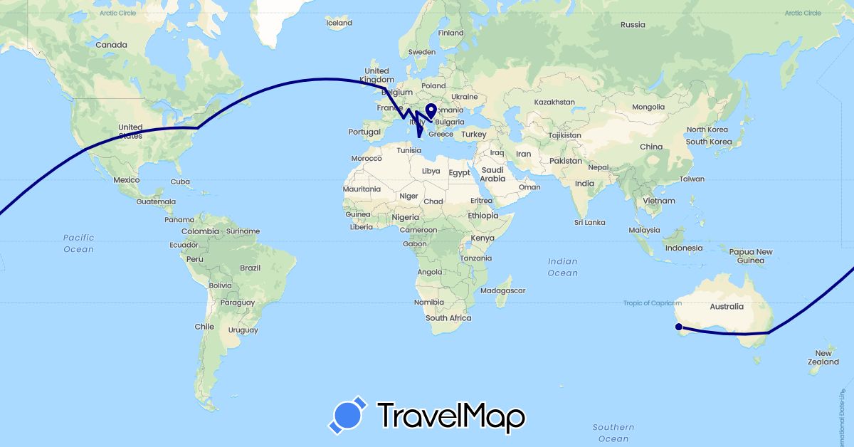 TravelMap itinerary: driving in Australia, France, United Kingdom, Croatia, Italy, United States (Europe, North America, Oceania)